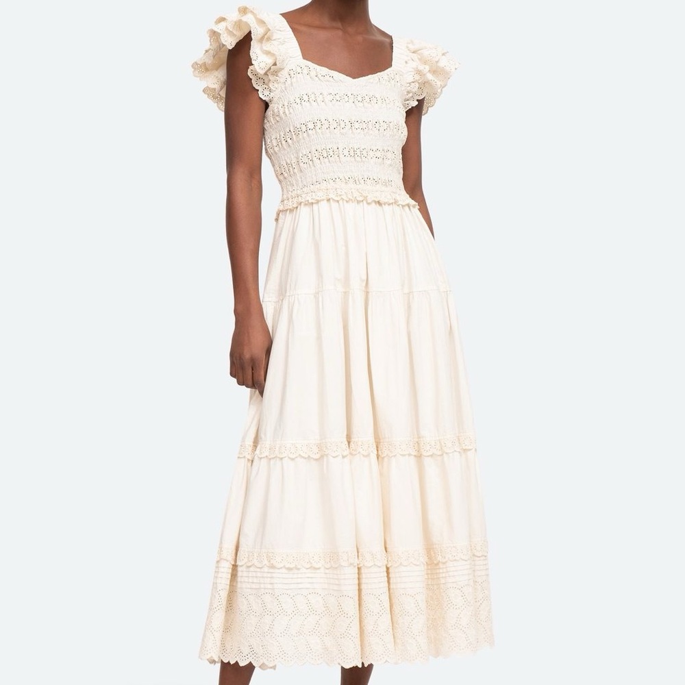 $450 SEA NY Everleigh Smocked Poplin Midi Dress